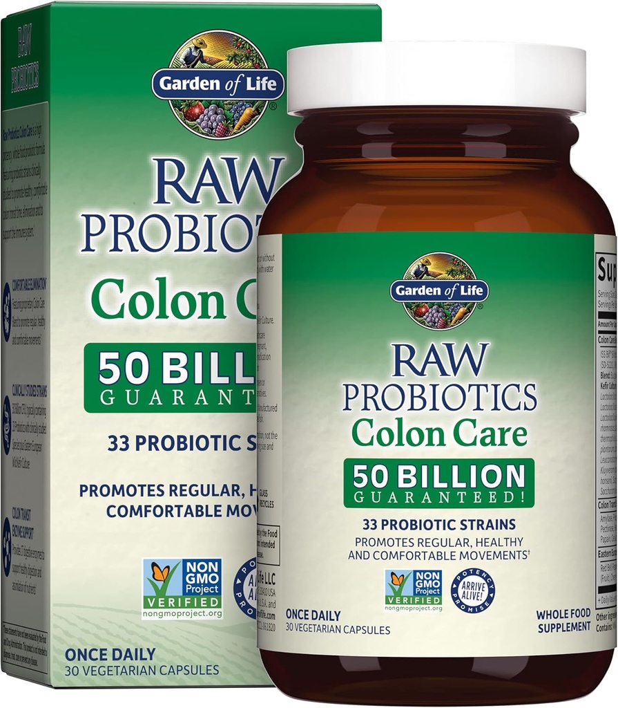 Garden of Life Probiotics for Women and Men - Raw Probiotics Colon Care 50 Billion CFU and Enzymes, Raw Fruits, Veggies, Once Daily Acidophilus Probiotic for Regularity and Immune Health - 30 Capsules