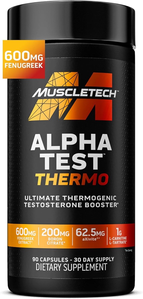 MuscleTech Thermogenic Testosterone Booster for Men, AlphaTest Thermo - T-Boost Mens Supplement with Tribulus Terrestris - Male Gym Workout Supplements for Muscle Growth, Stamina & Energy - 90 Pills