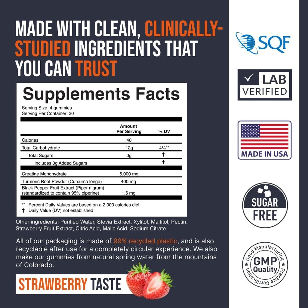 EcoWiseウェルネスクレアチンモノハイドグアミー5000mg、男性と女性のためのChewables、砂糖無料ガミー - 121カウント、新鮮なイチゴ