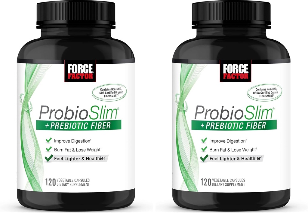 Force Factor ProbioSlim + Prebiotic Fiber Weight Loss Supplement for Women and Men, Probiotic and Prebiotic Digestive Health Support with Green Tea Extract and Psyllium Husk Fiber, 120 Capsules