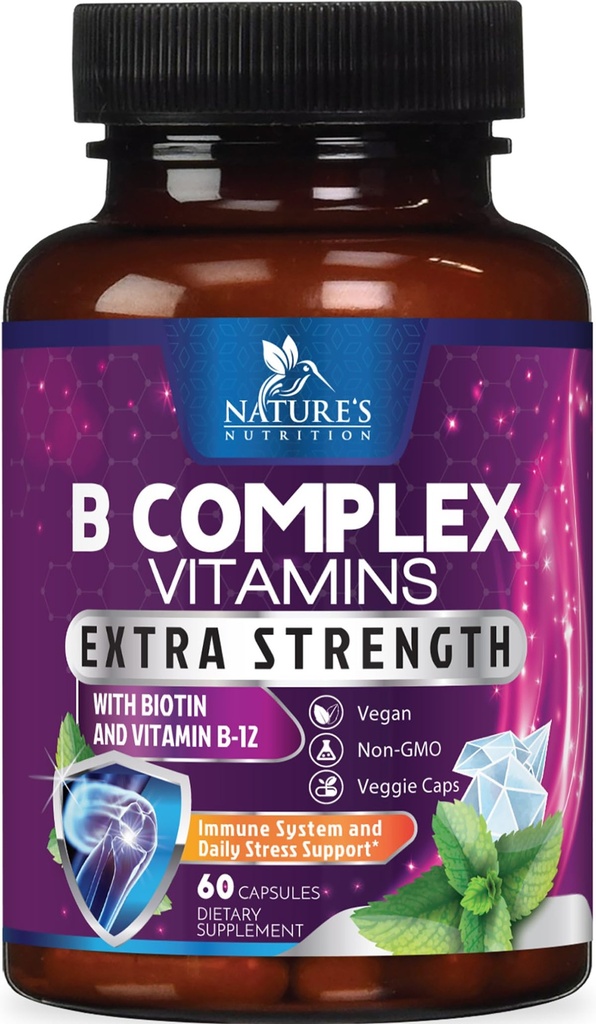 Bの複雑なビタミンのカプセル-ビタミンB12 B6 B100 CのBiotinの葉酸塩及び葉酸-中心、頭脳および神経サポートのための補足-免疫及びエネルギー サポートのための極度の完全なBコンプレックス- 60のカプセル