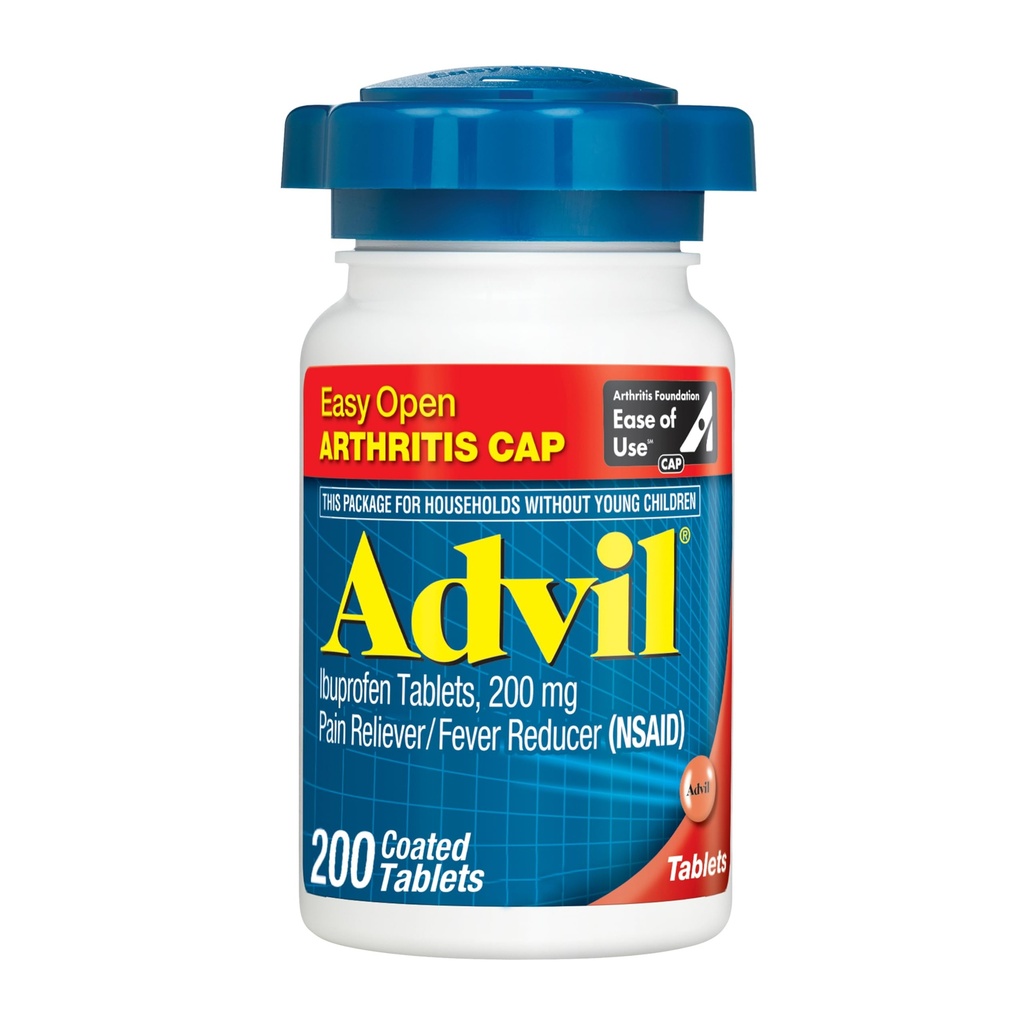 Advil Pain Reliever and Fever Reducer, Pain Relief Medicine with Ibuprofen 200mg for Joint Pain, Muscle Ache and Minor Arthritis Pain Relief - 200 Coated Tablets with Easy Open Arthritis Cap | Relieves Arthritis, Joint Pain and Back Pain, Easy Open Arthritis Cap, Long-Lasting Relief