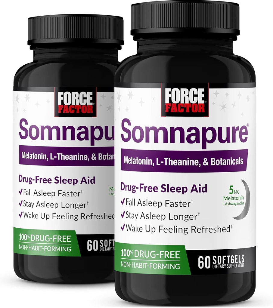 FORCE FACTOR Somnapure Softgels 2-Pack Sleep Aid to Fall Asleep Faster, Stay Asleep Longer, Wake Upは、Melatonin、Ashwagandha、Valeian Root、120 Softgelsと大人のための睡眠補助金をリフレッシュ