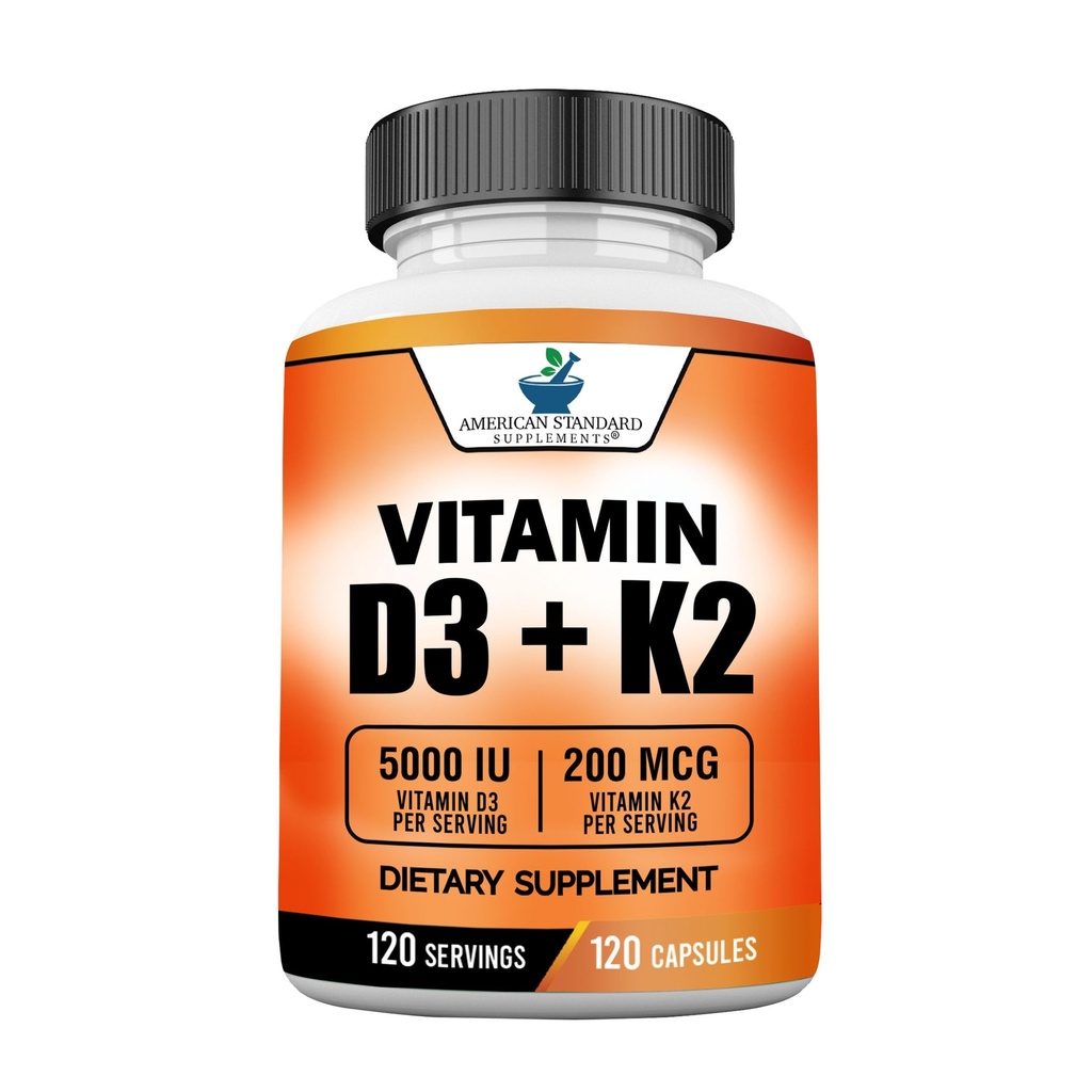 アメリカの標準はカプセルごとのビタミンD3 5000 IU (125mcg)プラスのビタミンK2 (MK7) 200mcgを-グルテンフリー、非GMOのカプセル、120のサービング、120の日の供給を補います