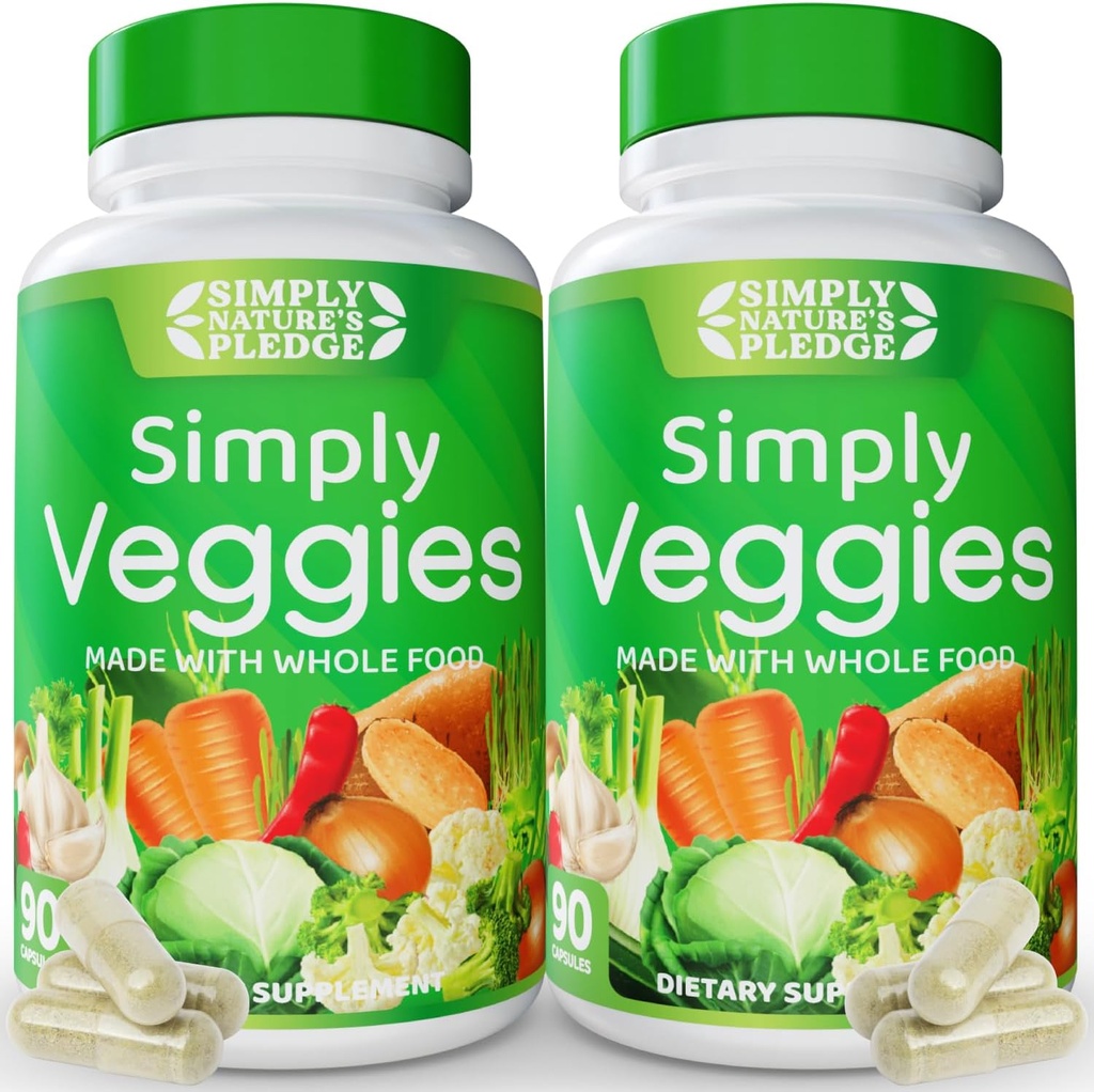 Simply Nature's Pledge - 90 Veggie Capsules- 2 Month Supply - Made with Whole Food Superfoods, Packed with Beta Carotene & 18 Different Vegetables - 100% Soy Free