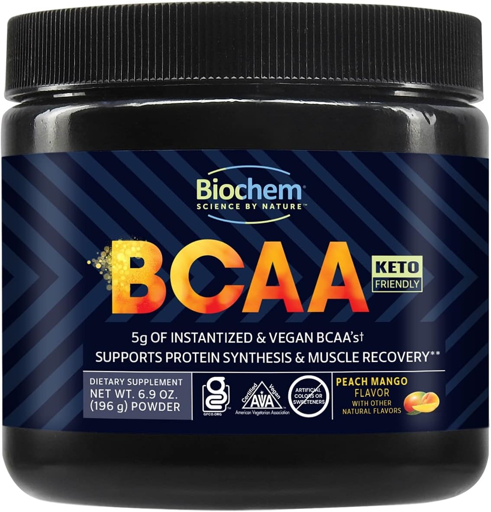Biochem BCAAパウダーピーチマンゴー5g - 30サービング  ビーガン、グルテンフリー、ケト、インスタント化された2:1 BCAA 筋肉の回復のための補足、蛋白質の統合及び水和|電解物のアミノ酸の粉