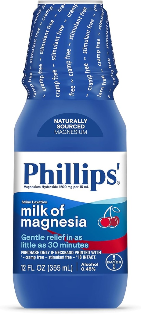 Phillips’ Milk of Magnesia Liquid Laxative, Wild Cherry Flavor, 12 oz, Stimulant & Cramp Free Relief of Occasional Constipation, #1 Milk of Magnesia Brand