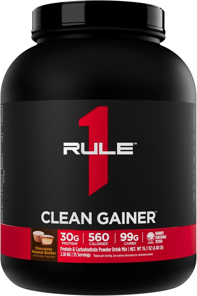 Rule 1 Clean Gainer - High-Protein Lean Gain Formula with 560 Calories, 30g of Full-Spectrum Protein, Over 90g Carbs, Under 6g of Fat (15 Servings, Chocolate Peanut Butter)