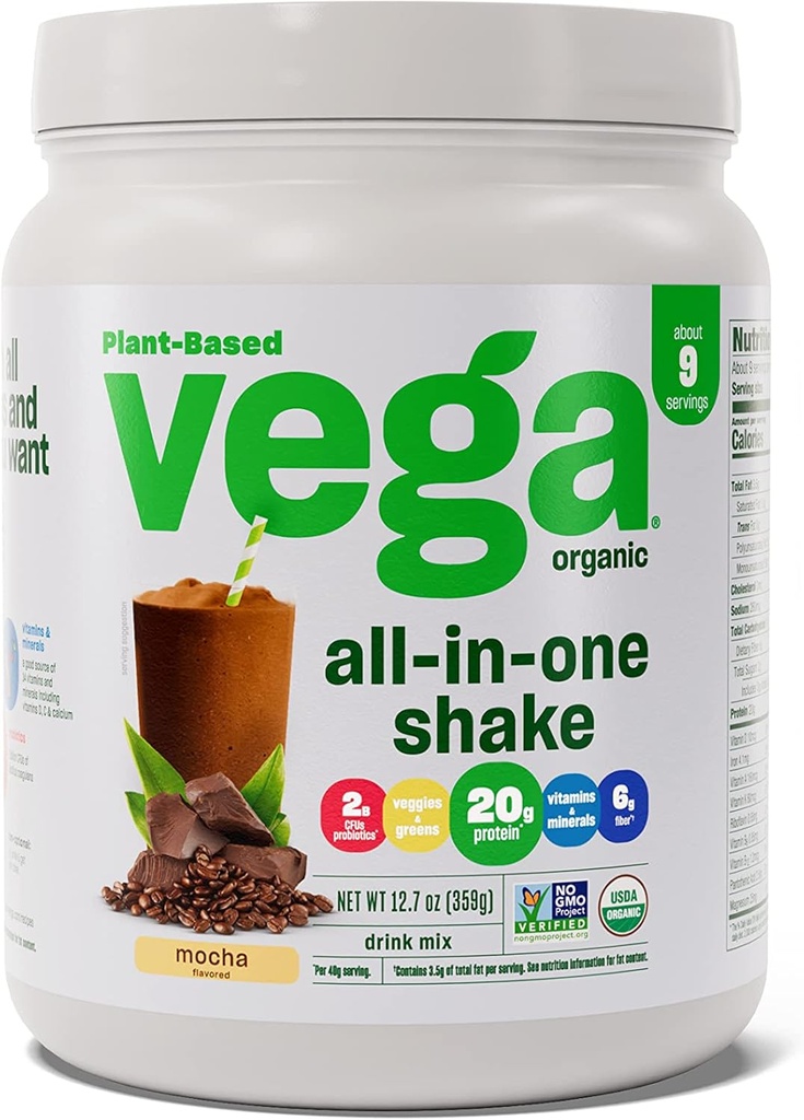 Vega Organic All-in-Oneビーガンプロテインパウダーモカ(9サービング)スーパーフード成分、免疫サポートのためのビタミン、ケトフレンドリー、女性&男性のためのエンドウ豆タンパク質、12.7oz(5月Varyを包装)