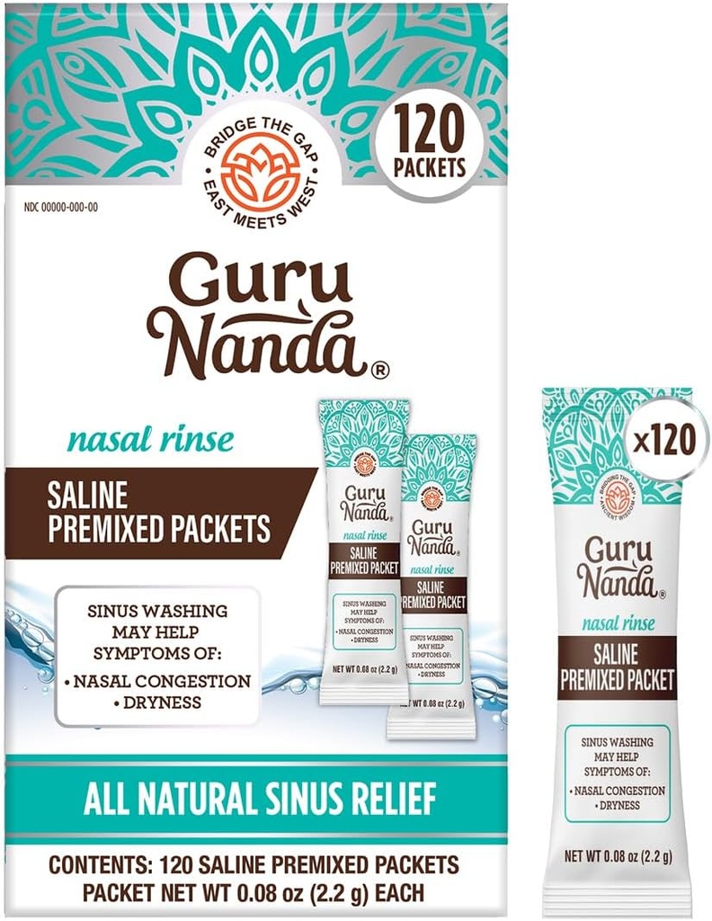 GuruNanda PreMixed Saline Packets for Nasal Rinse (120 カウント), All Natural Sinus Rinse Packets to Help with Allergies & Congestion Rewards, 0.08oz 各々