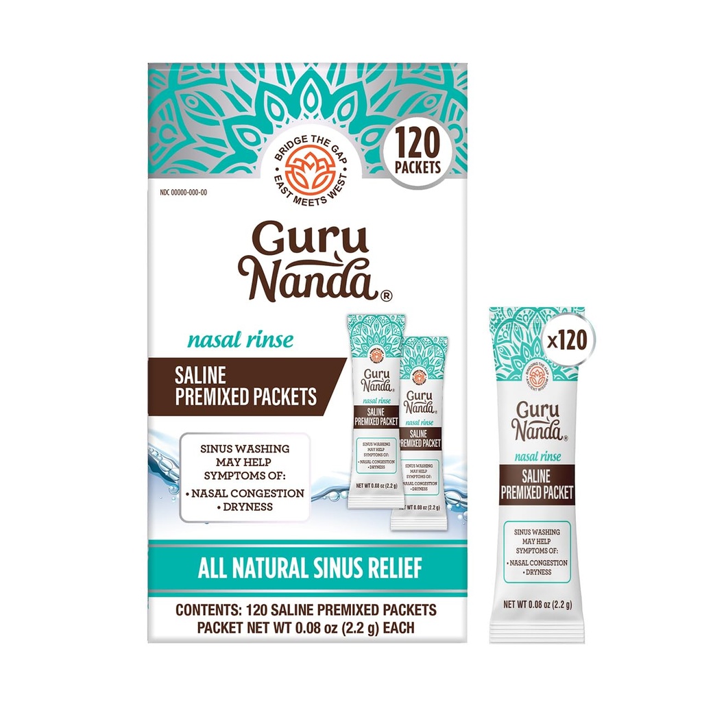 GuruNanda PreMixed Saline Packets for Nasal Rinse (120 カウント), All Natural Sinus Rinse Packets to Help with Allergies & Congestion Rewards, 0.08oz 各々