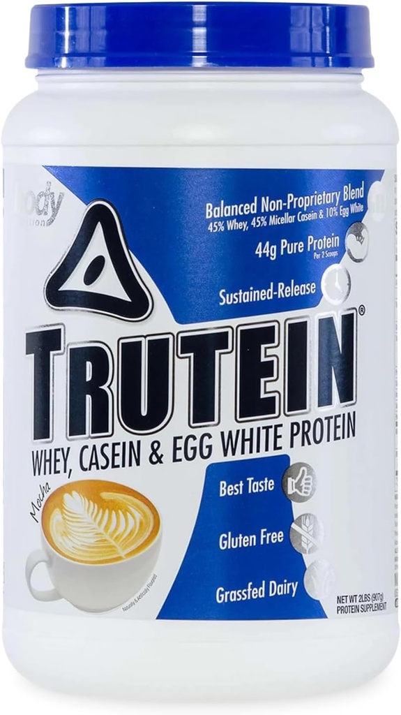 Body Nutrition Trutein High Protein Powder: 45% Whey, 45% Casein, 10% Egg White, Gluten-Free, Low Sodium, Grass Fed Whey Protein Powder, Gym Supplement & Breakfast Shake, Mocha, 2lb