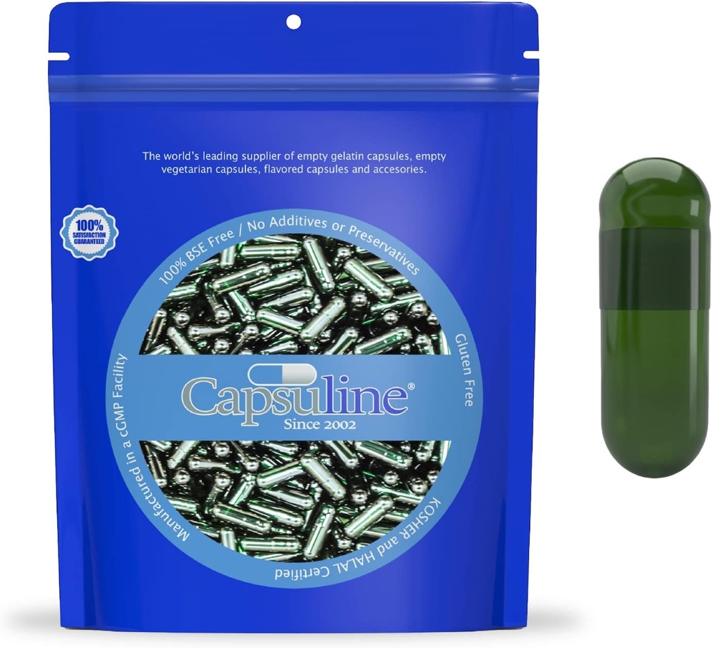 Capsuline Chlorophyll Colored Size 00 Empty Vegan Capsules - 1000 Count - Empty Veggie Pill Capsules - DIY Vegetable Capsule Filling - Empty Caps - Kosher Non-GMO Certified (Green)