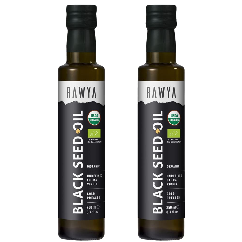 RAWYA Black Seed Oil - Organic Cold Pressed Nigella Sativa - Turkish Origin - USDA Organic - Natural Supplement - Black Cumin Seed Oil - Rich Flavor & High Concentration - 250ml Glass Bottle - 2 Pack