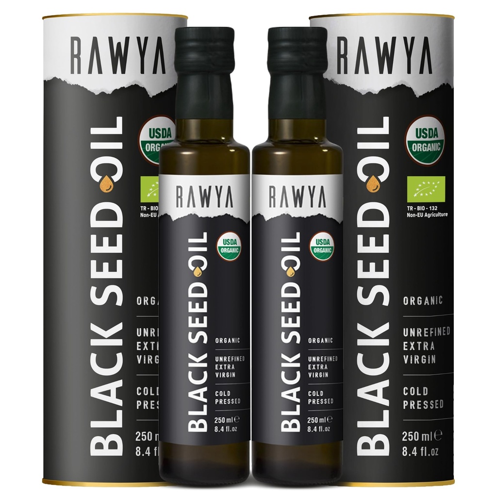 RAWYAの黒の種油 - 有機性冷間プレスニゲラサティバ - トルコの起源 - USDAオーガニック - 天然サプリメント - ブラックカミンシードオイル - 豊富な風味と高濃度 - 250mlガラスボトル - 2パック