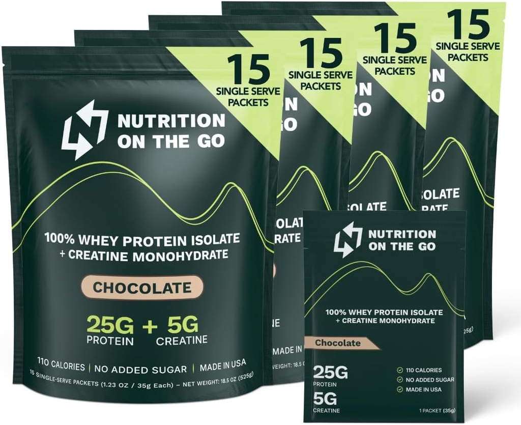 Nutrition On The Go Whey Protein Isolate Packets with Creatine – 25g Protein + 5g Creatine – Single-Serve Travel Protein Powder – Chocolate (60-Pack)