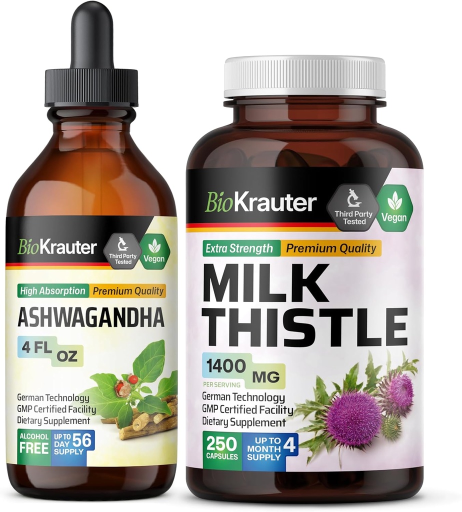 BIO KRAUTER Ashwagandha Tincture 4 Fl. Oz. & Milk Thistle 250カプセル