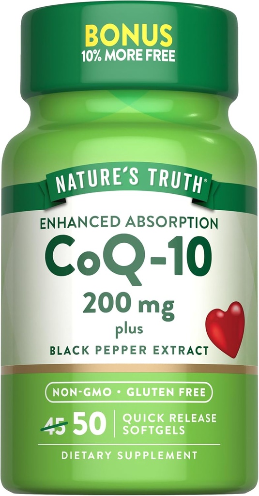 Nature's Truth CoQ10 200mg Softgels | 50 カウント | 吸収性サプリメントの強化 | プラスブラックペッパーエキス | 非GMO、グルテンフリー