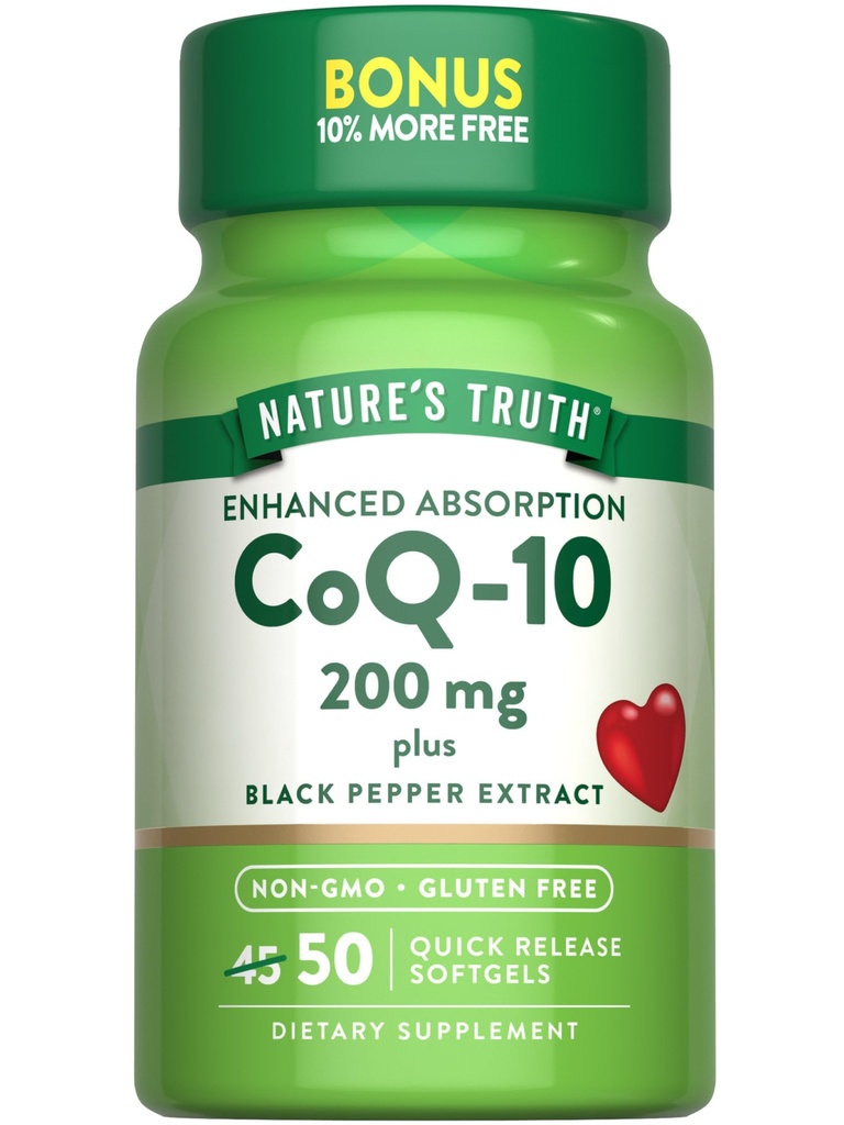 Nature's Truth CoQ10 200mg Softgels | 50 カウント | 吸収性サプリメントの強化 | プラスブラックペッパーエキス | 非GMO、グルテンフリー