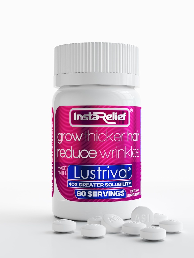 InstaRelief® 毛の成長 Lustriva® - 3週のより厚く、より健康な毛を育てるために臨床的に示されて、しわおよび良いラインを、Biotin、ケイ素およびアルギニンと、60のタブレット減らします