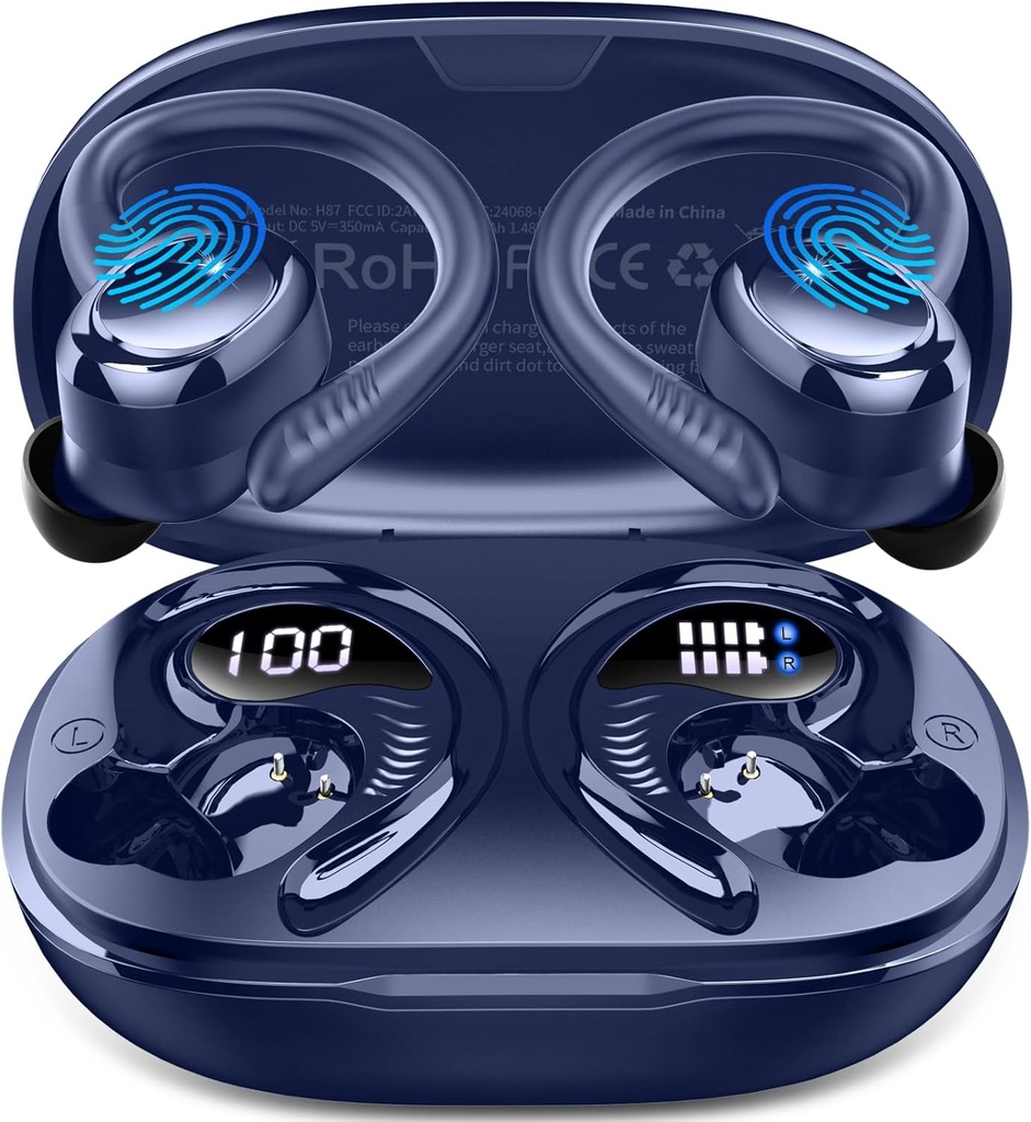 ワイヤレスイヤホンスポーツ、2025 Bluetooth 5.4 Earhooks、50Hステレオの深い低音のヘッドフォン4 ENCノイズキャンセリングマイク、IP7防水イヤホンランニングトレーニングジム-ブルー