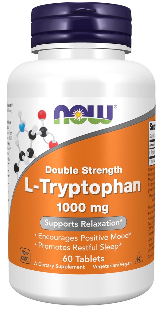 NOW Foodsは、L-Tryptophan 1,000mg、Double Strength、Encourages Positive Mood*、Relaxation*、60錠をサポート