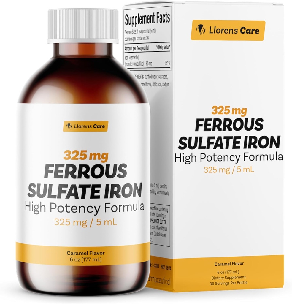 Ferrous Sulfate 325mg Liquid Iron 65mg of Elemental Iron by Llorens Care - 6 oz - Caramel Flavor (6 oz, Caramel)