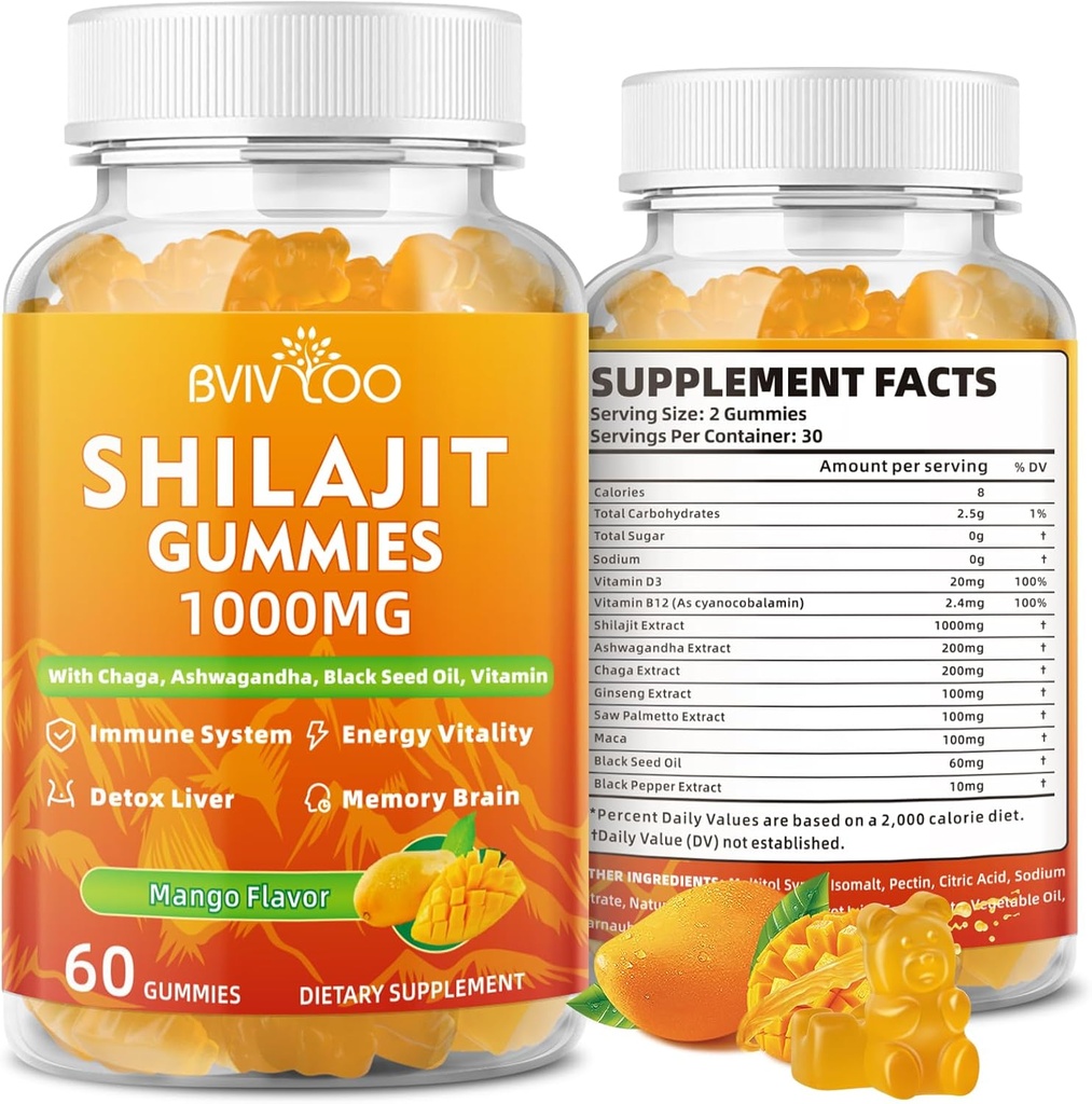 Shilajit Gummies 1000mg Sugar Free - Shilajit Supplement for Men & Women - High in 85+ Trace Minerals & Fulvic Acid - Energy, Brain, Immunity - 60 Gummies