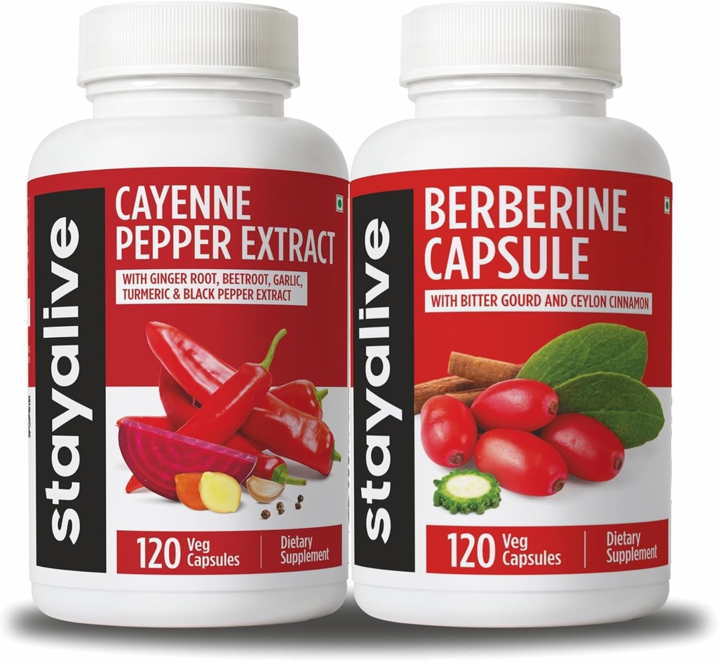 ALIVE CayenneとBerberine Bundle with Ceylon Cinnamon and Bitter Gourd Extract, 240 ビーガンPills, Non-GMO & Gluten無料Berberine Cayenneペッパーサプリメント