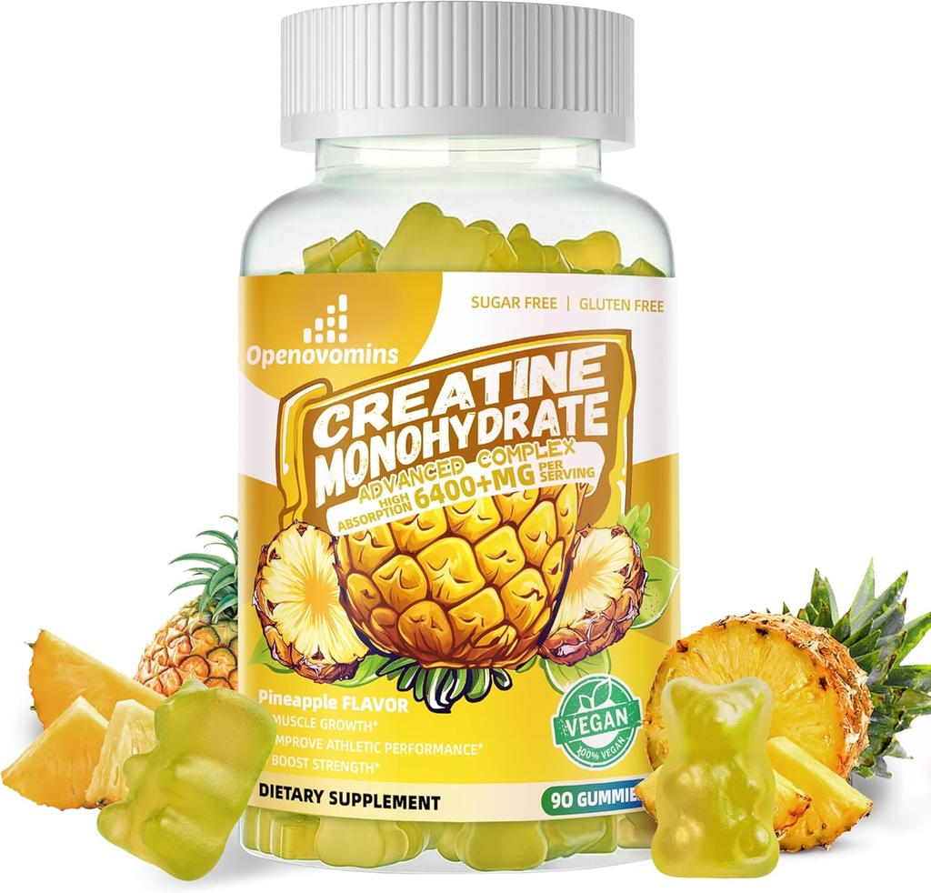 Creatine Monohydrate Gummies Complex for Men & Women -Advanced Formula W/L-Taurine + Vitamin B12, Sugar Free Chewable Supplement,90 Pineapple Gummies