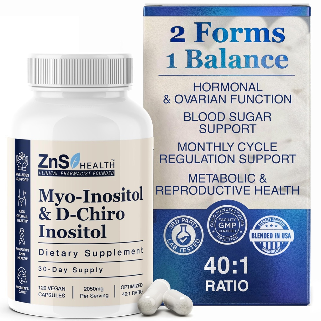 ZnS Myo-Inositol&D-Chiro Inositolサプリメント | ホルモンバランスと月経サイクルサポート | 40:1 理想の比率 | 卵巣健康と豊饒の援助 | 2050mg | 30日ビーガンカプセル