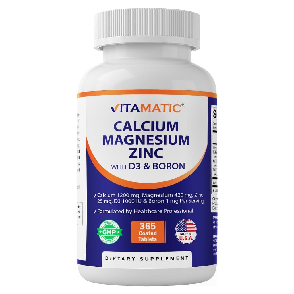 Vitamaticカルシウム マグネシウム亜鉛 D3 ほう素 | 365 上塗を施してあるタブレットの補足 | カルシウム 1200 の mg、マグネシウム 420mg、亜鉛 25mg、ビタミン D3 1000 の IU、ほう素 1 の mg | 非 GMO | グルテンフリー | 米国製