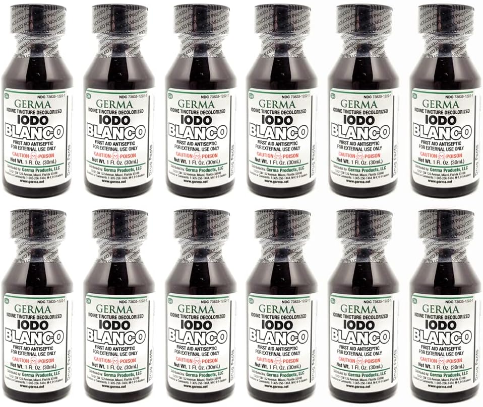 Germa の白いヨウ素のチンチ。 最初のエイド防腐剤。マイナースクレープ、カット、ブルース、燃焼用。 皮の伝染を防ぎます。1つのoz。 12のパック