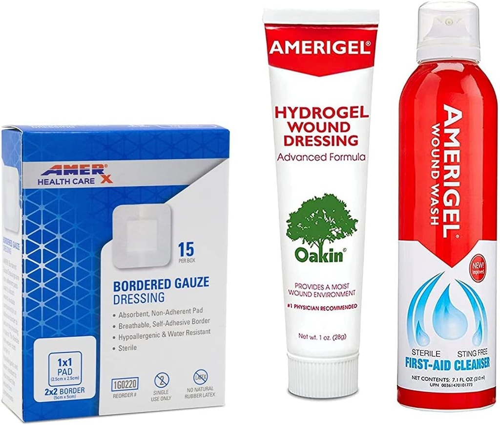 AMERIGELの合計のファースト・エイドの束- 1のoz。ハイドロゲルの傷のドレッシング、7.1のoz。サリンの傷の洗浄、2x2はガウゼのドレッシングを並べました