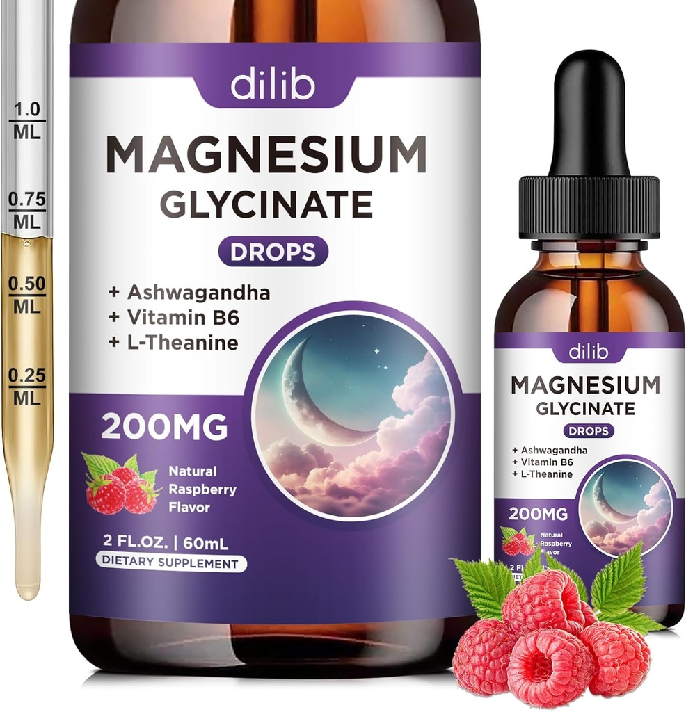 マグネシウムのGlycinate 200mgの補足、ビタミンB6、Ashwagandha、L - Theanine、Chamomile -サポート圧力救助、骨、筋肉、気分のビーガン-ラズベリー味- 2 FL.OZ