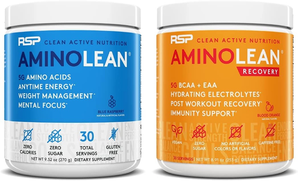 RSP NUTRITION AminoLean Pre Workout Energy (Blue Raspberry 30 サービング) with AminoLean Recovery Post Workout Boost (Blood Orange 30 サービング)