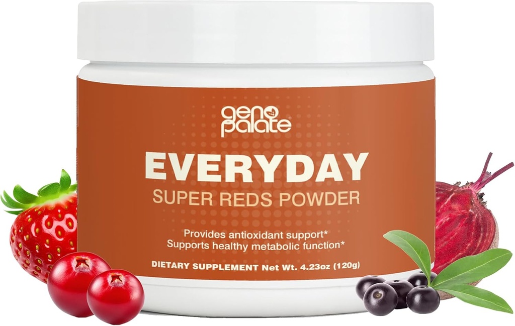 GenoPalate Everyday Super Reds, Antioxidant Superfood Blend with Beet Root, Cranberry, Hibiscus, Acai & Probiotics, Energizing Polyphenols for Heart, Brain & Digestive Health, Vegan, 30 Servings