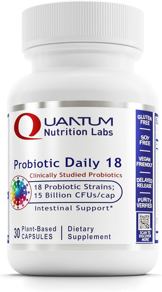 Quantum Nutrition Labs Probiotic Daily 18 - 消化の健康のためのプロバイオティクス、LactobacillusのAcdophilus、健康な腸のためのReuteri - 30ベジタリアンカプセル