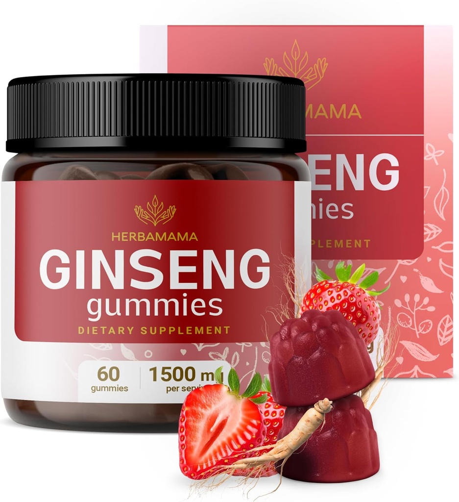 HERBAMAMAのPanaxのGinsengのグミ - 1500mgエネルギー サポートのための韓国の赤いGinsengの根 - 完全菜食主義者、非GMOの赤いPanaxの免疫サポート補足- 60のPectinベースのいちご風味付けされた咀嚼
