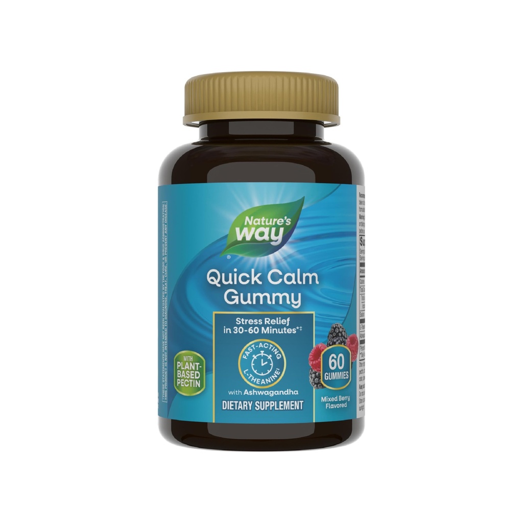 Nature's Way Quick Calm Gummies、L-Theanine for Relaxation*、Fast-Acting、L-Theanineからのストレス救済30-60分以内*、Ashwagandha、ベジタリアン、混合ベリー風味、60ガミー