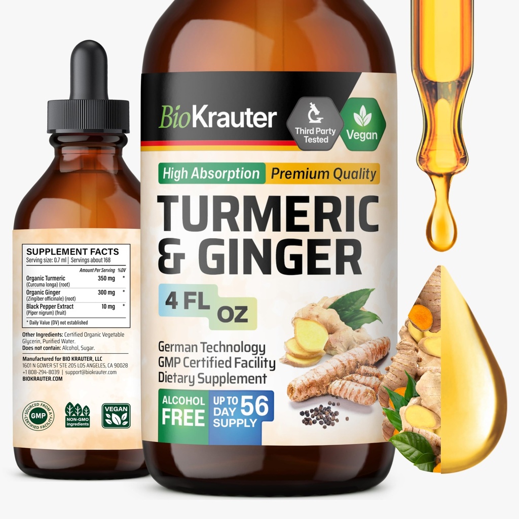 BIO KRAUTER® ターメリックとジンジャーサプリメント - 純粋なビーガン液体ターメリック&ペッパー4 Fl.Oz 56 供給の日 - 共同サポートのためのクルクミンドロップ、抗酸化剤&免疫サポート
