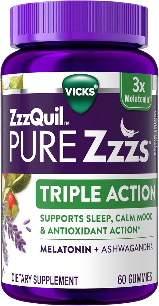 ZzzQuil PURE Zzzsトリプルアクション、Melatonin Gummies、Melatonin 6mg、3X Melatonin、Sashwagandha、Calm Mood、抗酸化作用、大人のための睡眠補助剤、60睡眠ガミー