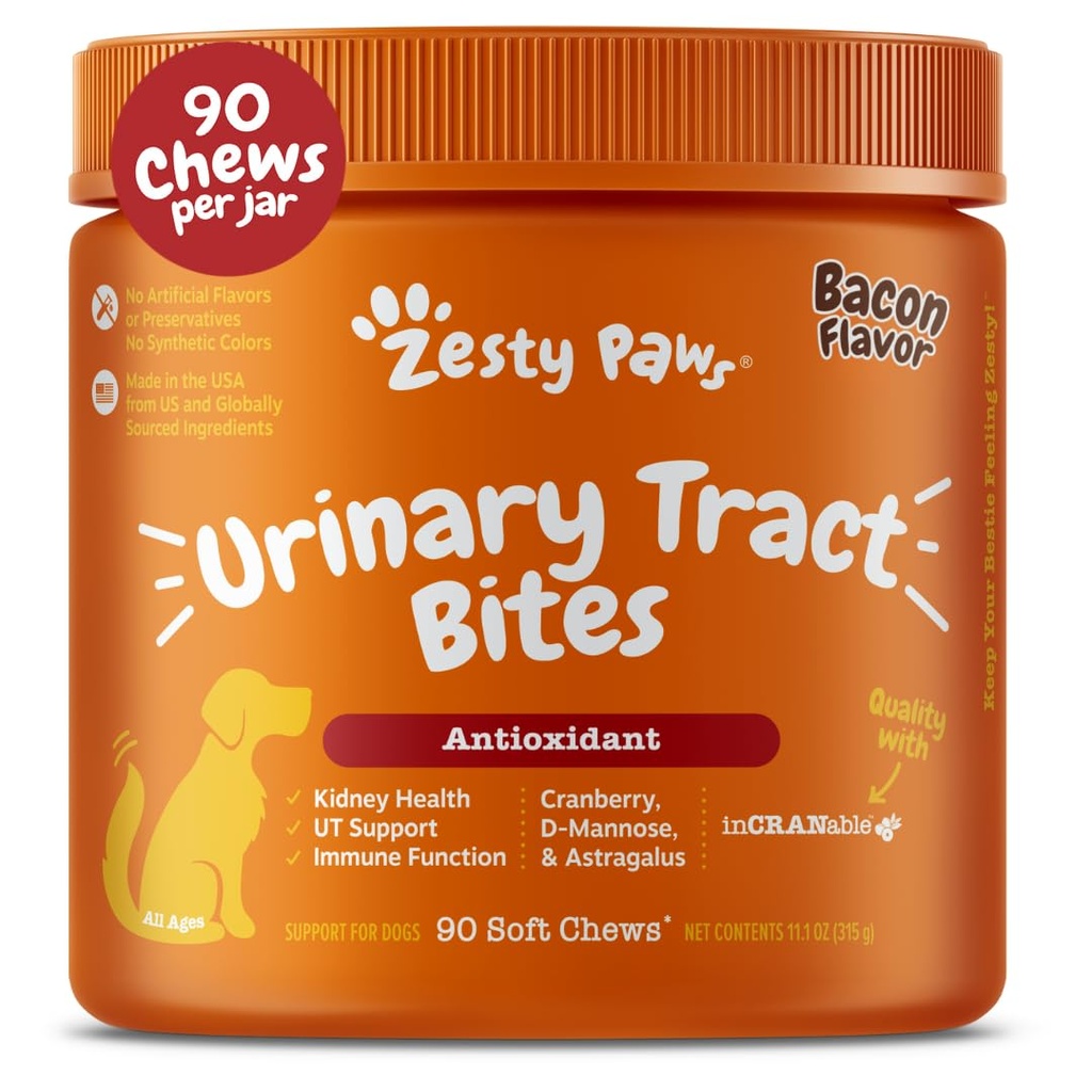 犬のためのZesty Pawsクランベリーサプリメント - 犬のための膀胱コントロール - 尿路サポート - D-Mannose、ビタミンB6&L-アルギニンとクランベリー咀嚼 - 免疫&ガットサポート - Bacon - 90カウント