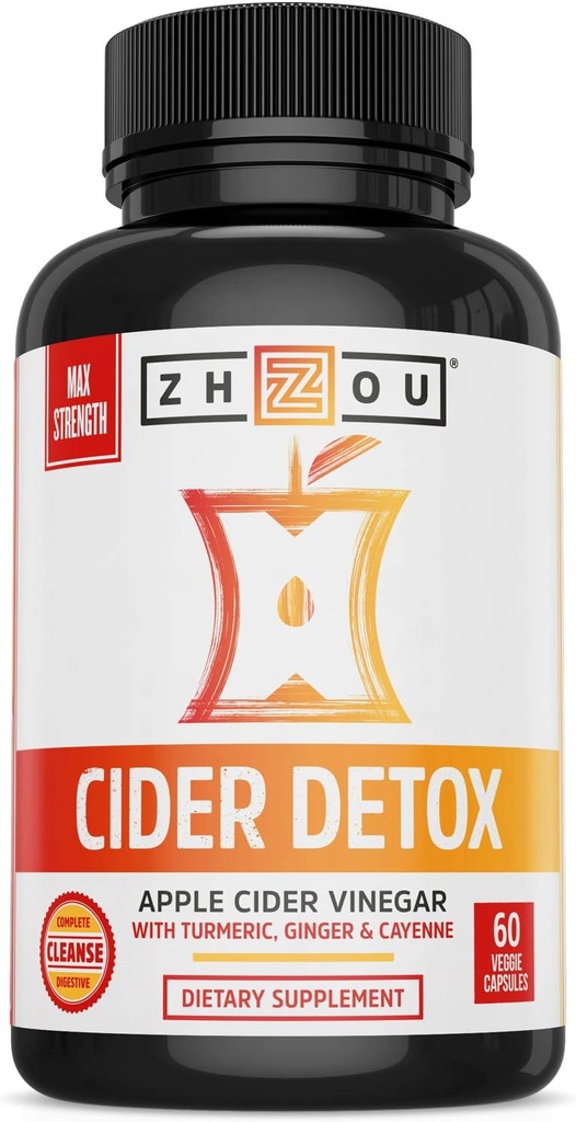 Zhou Cider Detox - Apple Cider Vinegar Capsules with Mother, Raw Natural ACV Pills for Women & Men, Herbal Complex Supplement with Turmeric & Cayenne Pepper - 60 Vegan Capsules