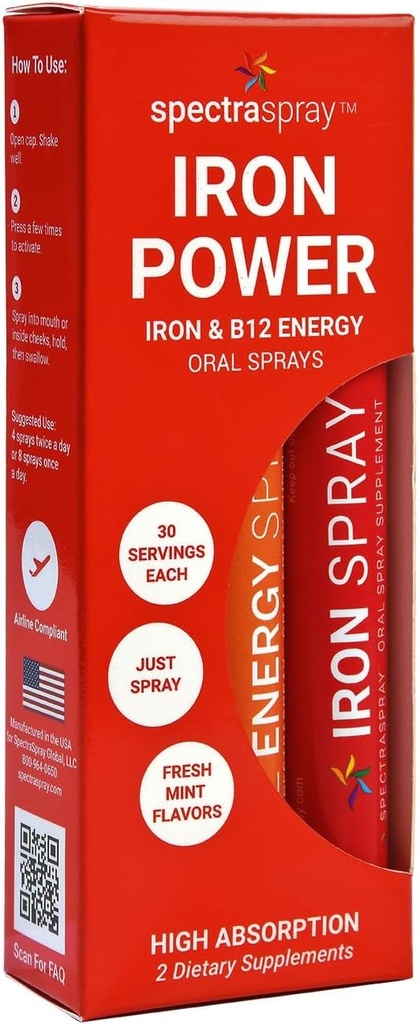 SpectraSpray Iron & B12 Vitamin Liquid Oral Spray Kit - Food Grade Iron as an Essential Daily Mineral and B12. Vegan, Gluten Free & Highly Effective, 30 Day Supply per Spray