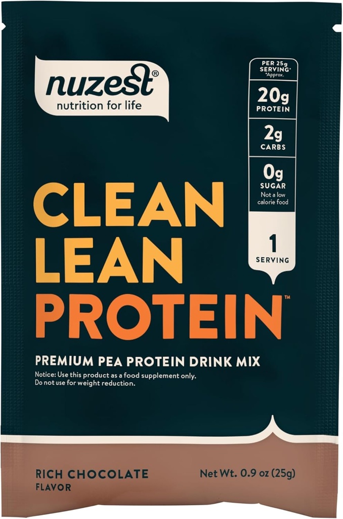 Nuzest - エンドウ豆プロテインパウダー - きれいなリーンプロテイン、プレミアムビーガン植物ベースのプロテインパウダー、乳液フリー、GMOフリー、自然に甘くされたプロテインシェイク、リッチチョコレート、1サービング、0.9オンス
