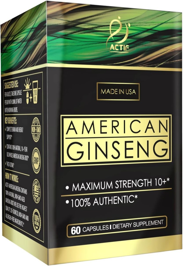 Actif American Ginseng - 100%本物の10年旧Ginseng、非GMO、500mg - 米国製