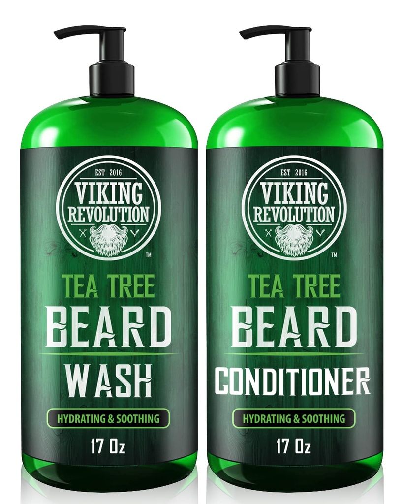 Viking Revolution Tea Tree Oil Beard Wash and Beard Conditioner For Men - Natural Beard Softener Set with Argan Oil, Vitamin E and Ginseng - Beard Shampoo and Conditioner Set (17 Oz)