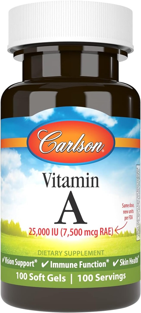 Carlson - Vitamin A, 25000 IU (7500 mcg RAE), Vision & Skin Health, Immune Function, 100 soft gels