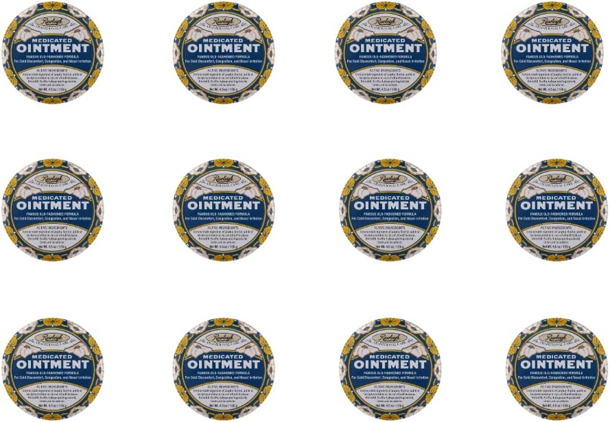 Rawleigh Medicated Ointment: 4.5 oz Blue Tin, Topical Chest Rub for Cold, Nasal Congestion, Minor Aches and Pain, with Camphor, Menthol & Eucalyptus, Non-Greasy Formula - Pack of 12